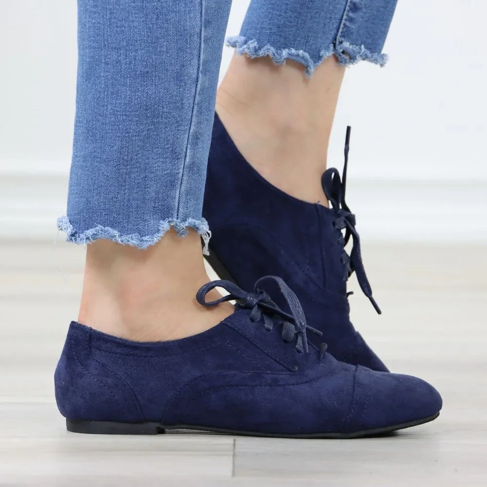 Navy Faux Suede Lace up Oxford Style Shoes Flats - Picture 2 of 12